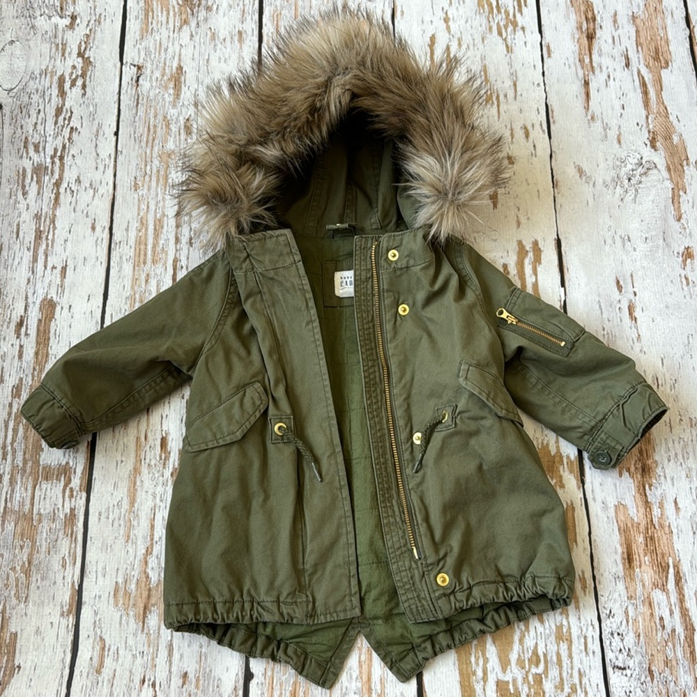 Baby Gab olive green parka with faux fur hood sz 12-18 months